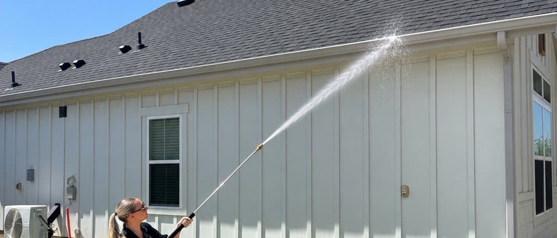 Brooke Wakeland of Ascension Exterior Services soft washing the siding of a home